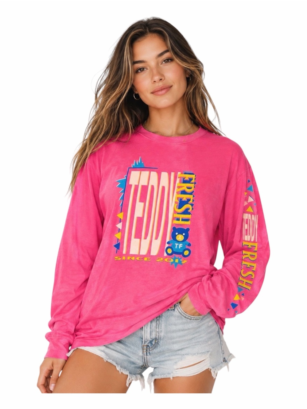 Teddy Fresh Neon Pink Graphic Long Sleeve Tee Women’s Oversized Streetwear XL